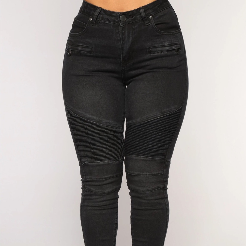 Fashion Nova Distressed Black Moto Jeans